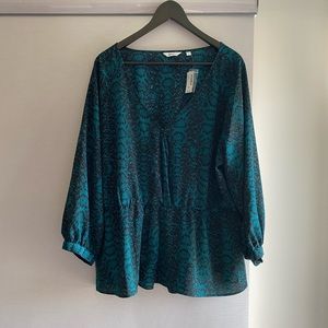 Teal Snakeskin Print Crossover Peplum Blouse